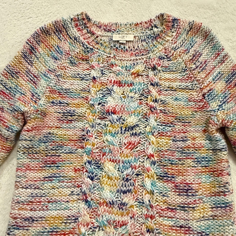 LOFT Multicolor Knit Sweater Size M Cozy Chunky Cable Knit Crewneck - Picture 6 of 15